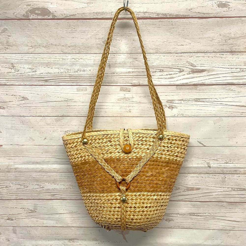 Vintage woven straw shoulder tote bag